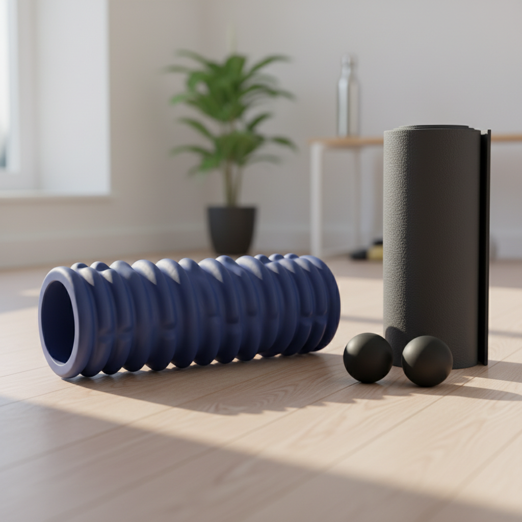 A close-up, photographic image of a textured blue foam roller resting diagonally on a smooth, pale wooden floor in a modern physiotherapy studio. Beside it lies a neatly rolled, charcoal-gray exercise mat and a pair of small, matte-finish massage balls, arranged with deliberate spacing. Soft morning daylight enters from an unseen window to the left, creating gentle highlights along the roller’s ridges and casting long, delicate shadows across the floor. The composition follows the rule of thirds, with a shallow depth of field that blurs the minimal, clinical background. The mood is clean, focused, and educational, emphasizing tools used for mobility, recovery, and self-care in a professional physiotherapy context.